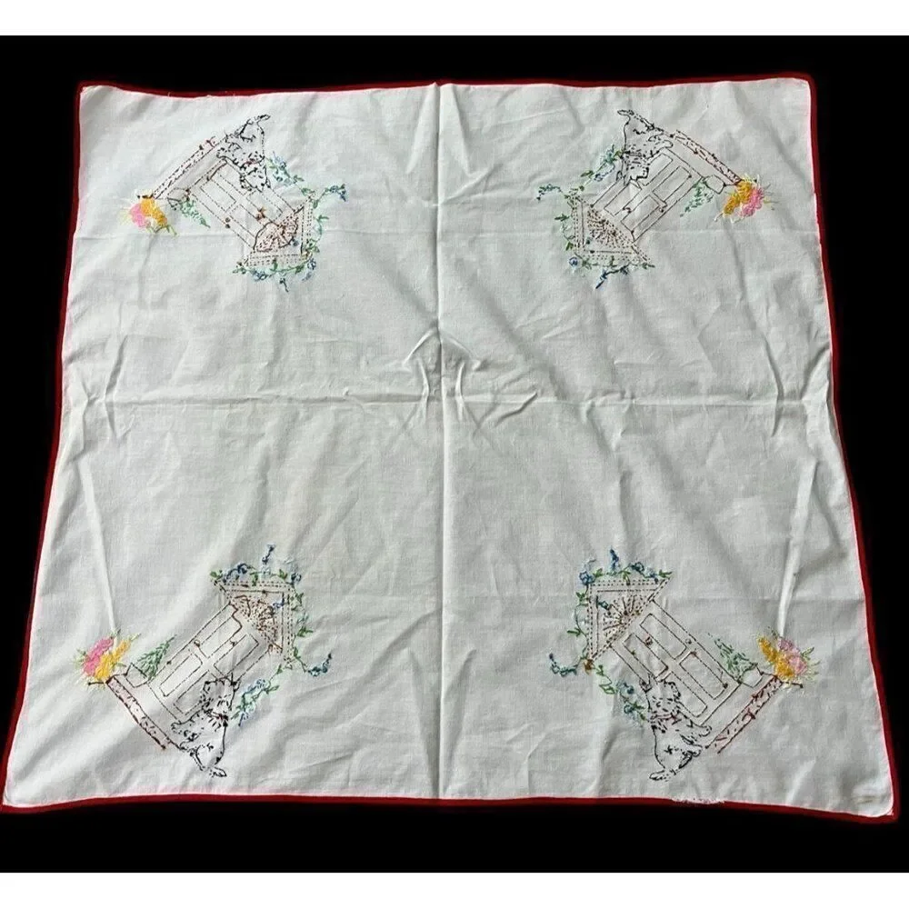 Hand Embroidered Scottish Terrier Bridge Card Table Tablecloth Scottie Dog